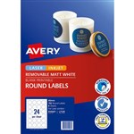 AVERY 910007 L7129 REMOVEABLE BLANK LABELS ROUND LASERINKJET 24UP MATTE 40MM WHITE PACK 192