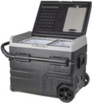 45L BRASS MONKEY PORTABLE DUAL ZONE FRIDGE AND FREEZER WITH SOLAR CHARGER BOARD PLUS HANDLES  WHEELS AND SUPPORT REMOVABLE BATTERY