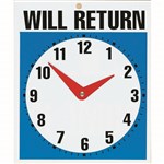 HEADLINE SIGN WILL RETURN CLOCK 190 X 230MM BLUEBLACKWHITE